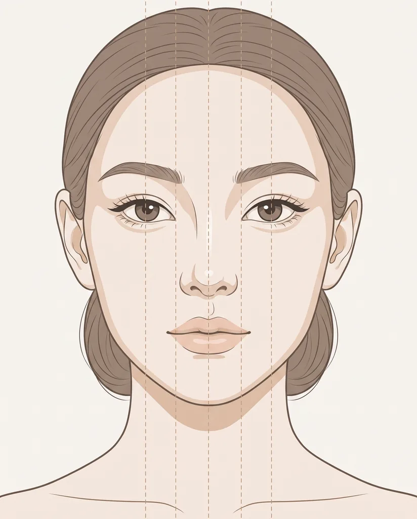 정면 얼굴을 세로 다섯 칸으로 나눈 비율 도해