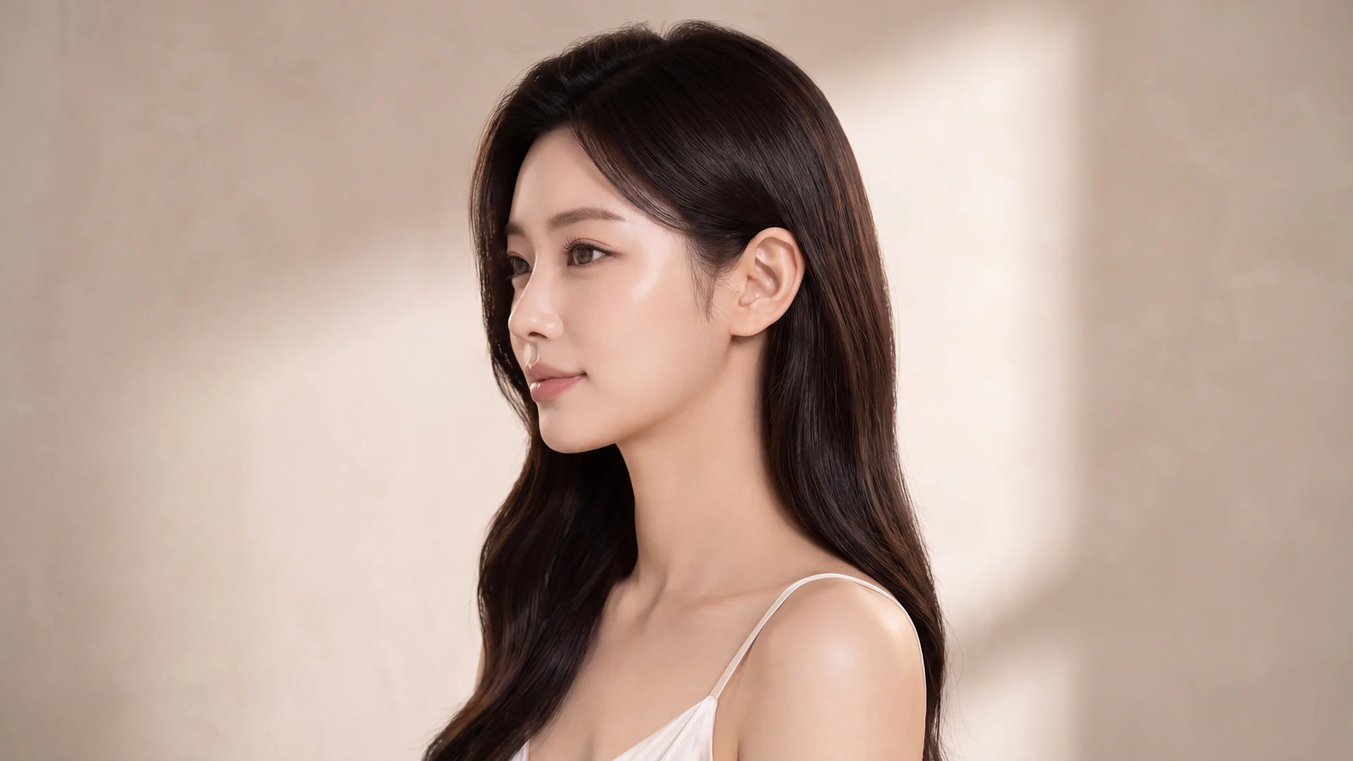 머리를 넘겨 귀 라인이 또렷하게 드러난 여성의 옆모습