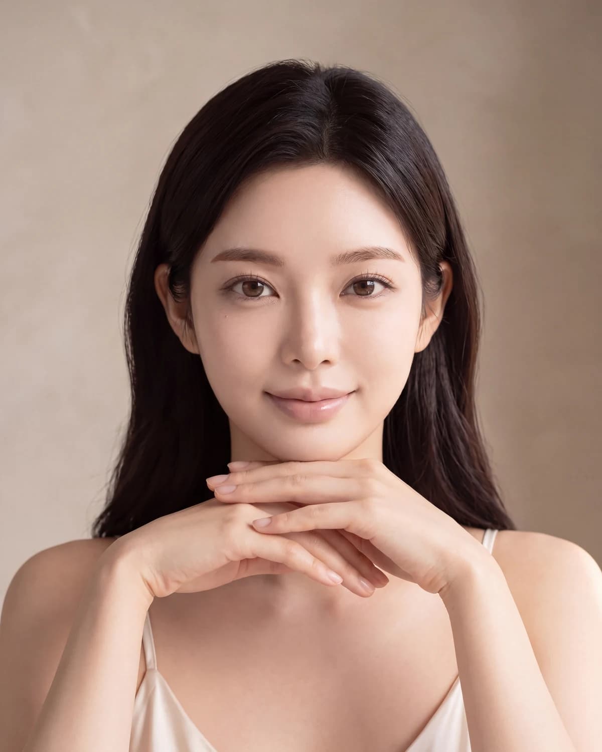 턱선과 목선 가까이에 손을 가볍게 댄 안면거상 섹션의 한국인 여성 모델 이미지컷