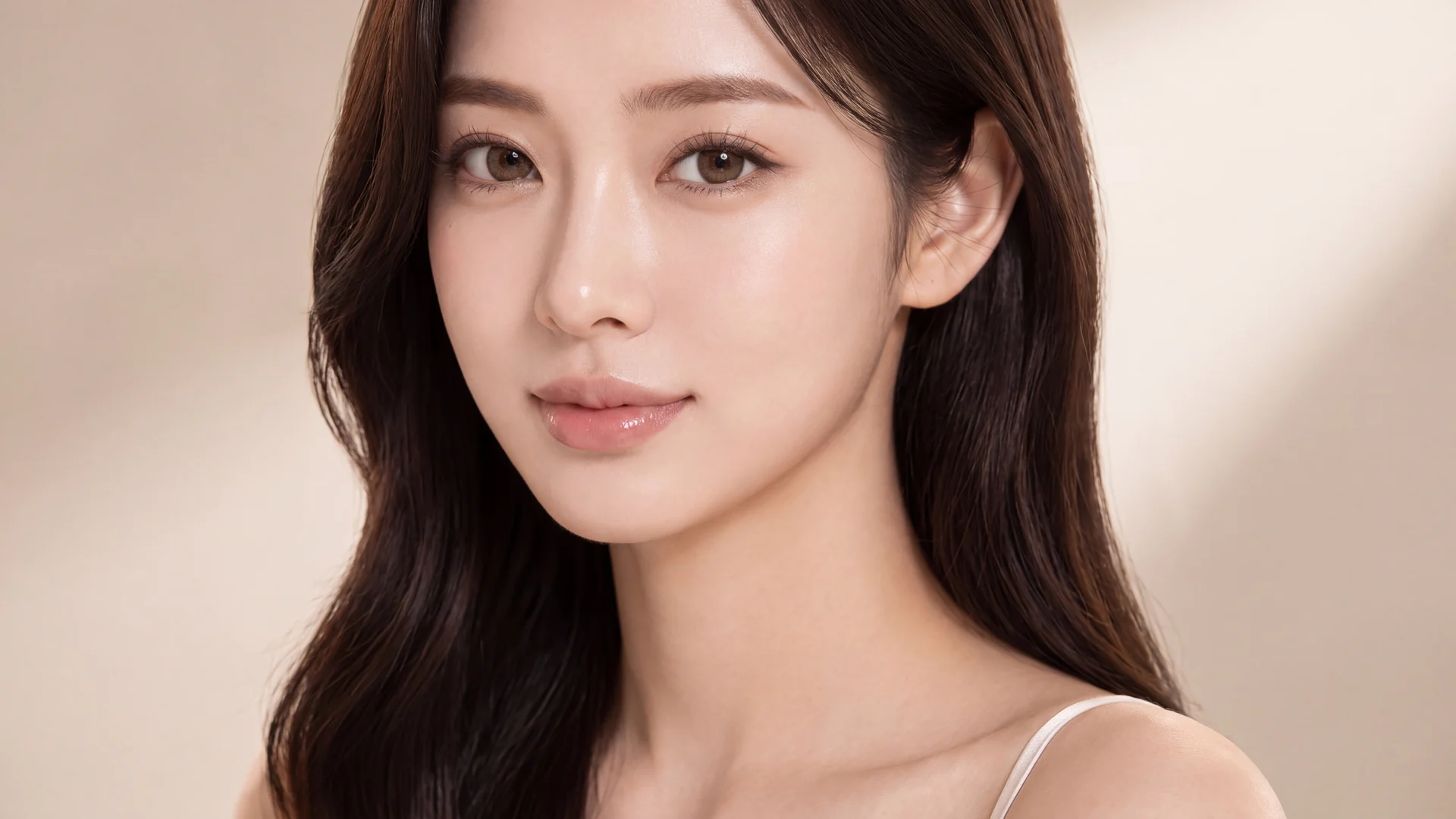눈 밑과 볼 윤곽이 자연스럽게 드러나는 한국인 여성 모델 이미지컷